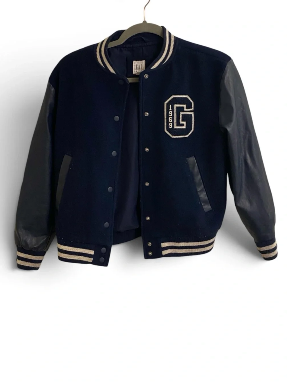 GAP KIDS SIZE LARGE NAVY BLUE WOOL LETTERMAN JACKET FAUX LEATHER SLEEVES LARGE